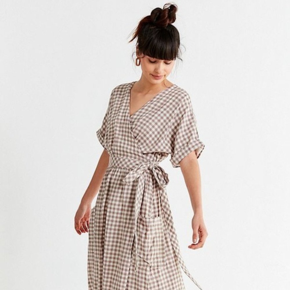 UO Linen Wrap Gingham Midi Beige Dress